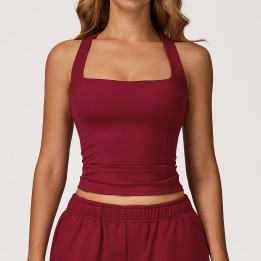 Wine Red Square Neck Halter Yoga Top Women Quick Dry Slim Fit Workout Tank With Built-In Bra For Gym Running Fitness Streetwear