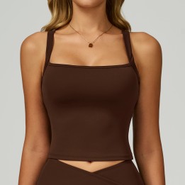 Brown Square Neck Cropped Yoga Top Women Quick Dry Slim Fit Workout Tank With Removable Pads For Gym